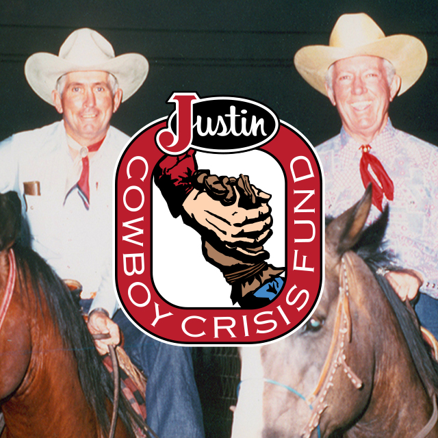 Two men sit atop horses smiling with the Justin Cowboy Crisis Fund logo.